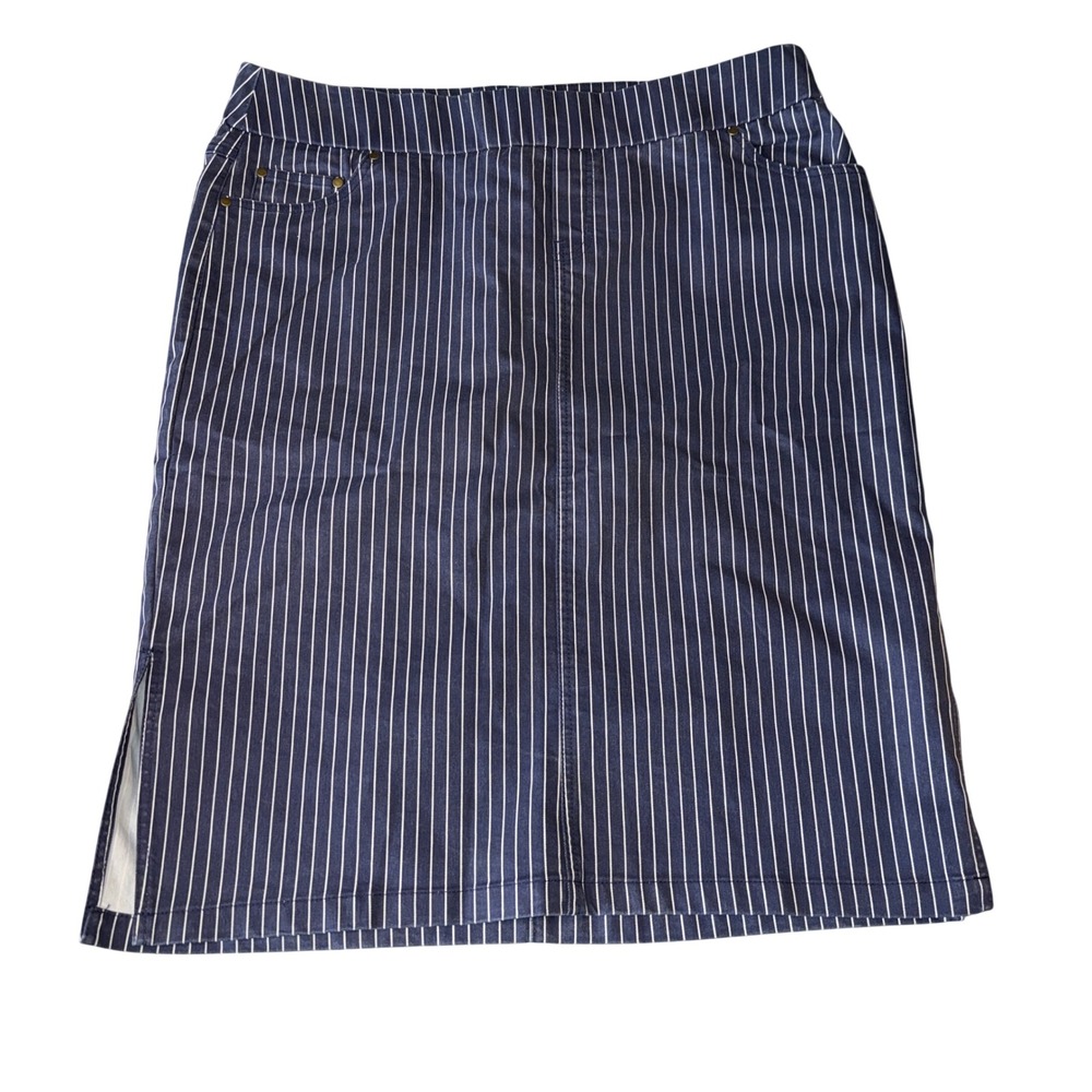 Jessica London Pinstripe‎ Denim Skirt 20W Navy White Stretch Knee Length Slit